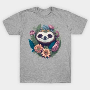 Cute Sloth face with flowers design for T-shirt, mugs, stickers, tote, pillows T-Shirt